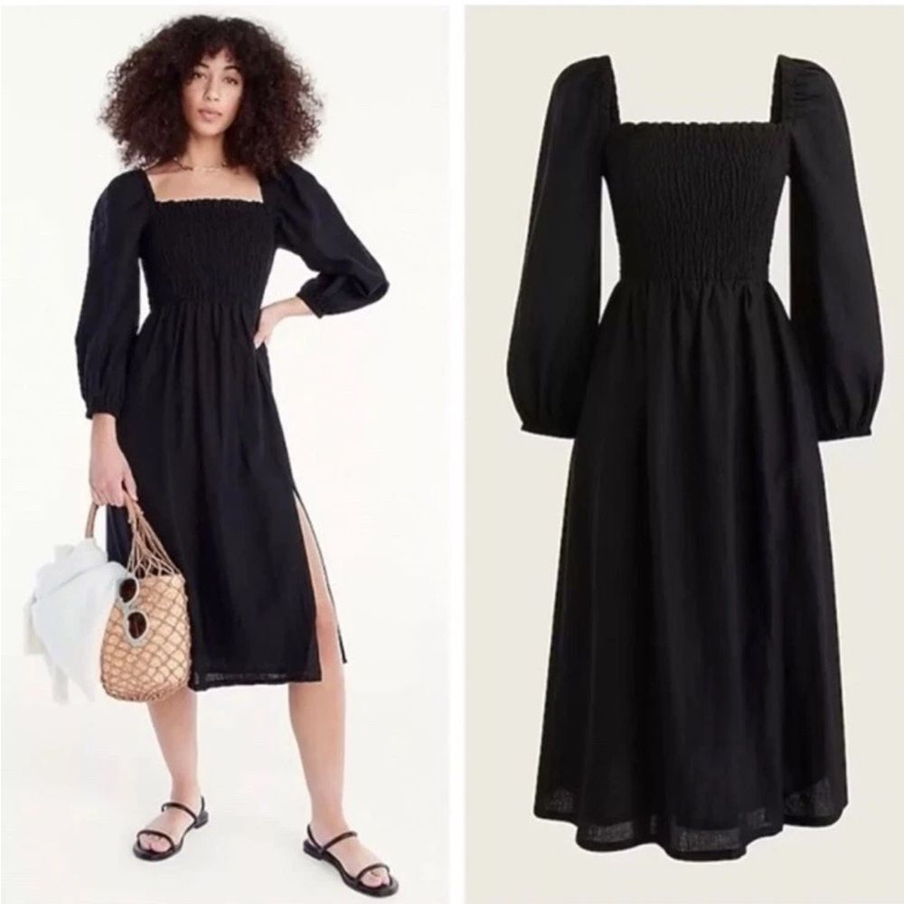 J. Crew Linen Daydream Smocked Midi Dress, Large Tall, Black puff sleeve - Picture 1 of 8